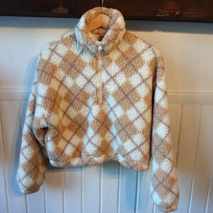 Hollister Sweater XS Tan Cream Argyle Sherpa Fleece Quarter Zip Cozy Sweatshirt